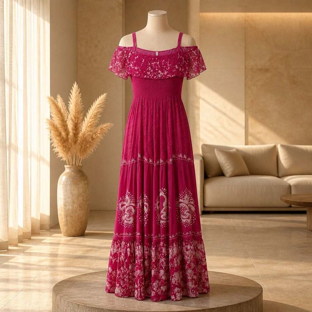 Advance Apparels Free Size Fuchsia Pink Off-Shoulder Maxi Dress - Picture 3 of 11